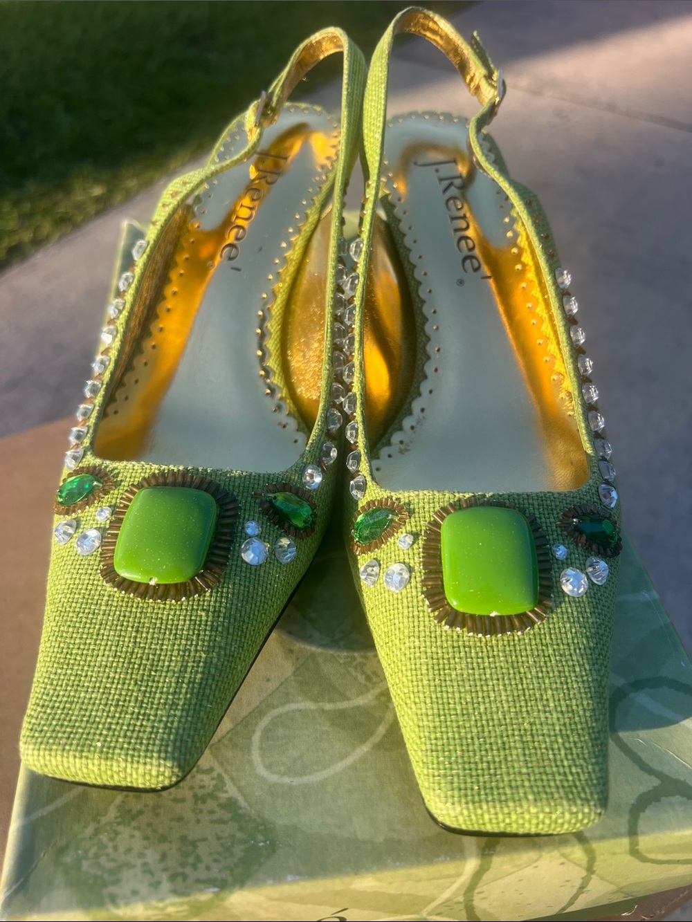 J.Renee Lime Green Jeweled Square-Toe Slingback Mules